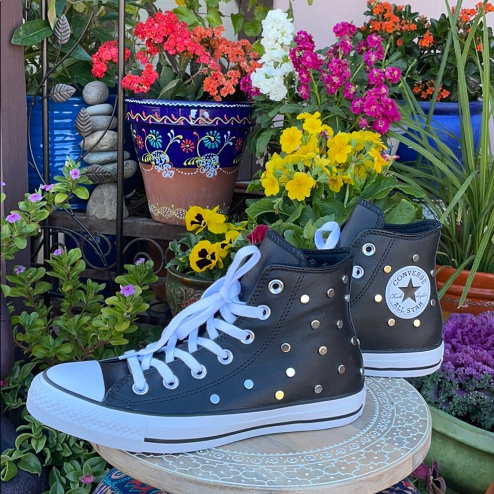 Leather & Silver Studded Converse Hi Tops Sz 7 - Picture 10 of 16